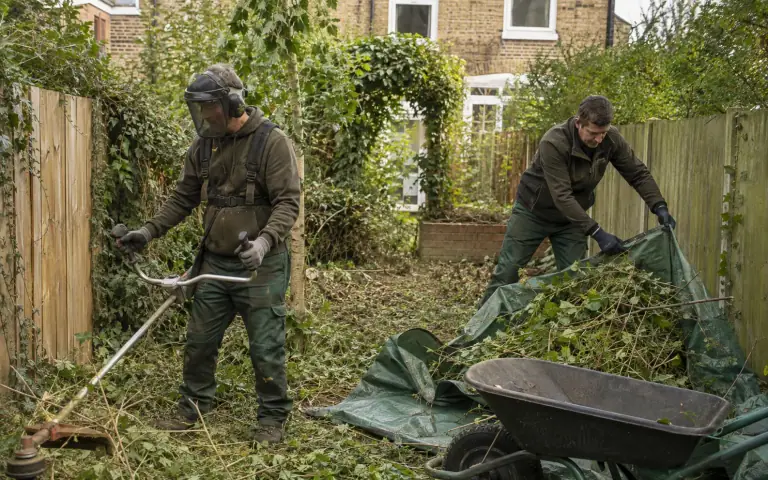 Garden clearance team cutting and gathering overgrown vegetation
