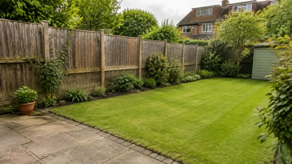 Rescued garden: mown lawn, clean patio and planted borders